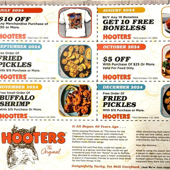 HOOTERS 2024 Monthly Coupon Calendar NWT - Picture 8 of 12